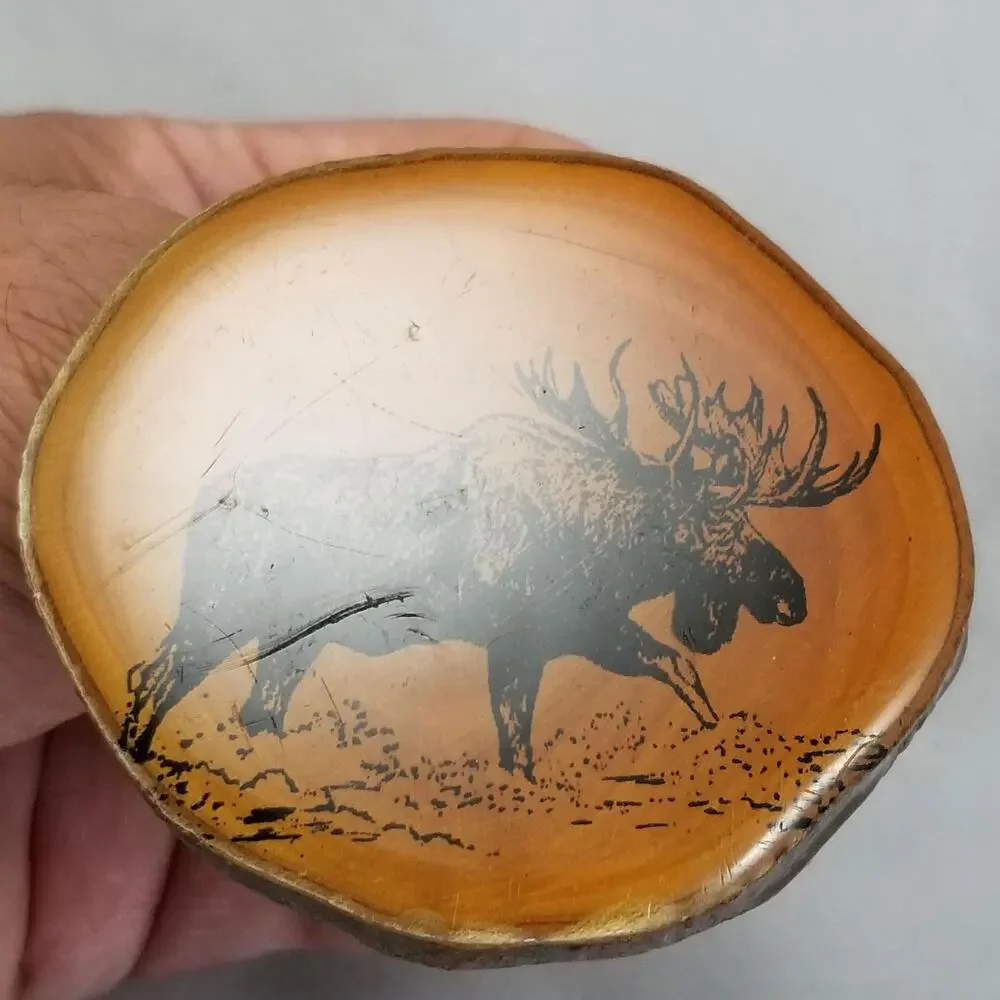 Vintage Belt Buckle‎ Thick Wooden Printed Moose Enamel Covered W/ Brass Hardware